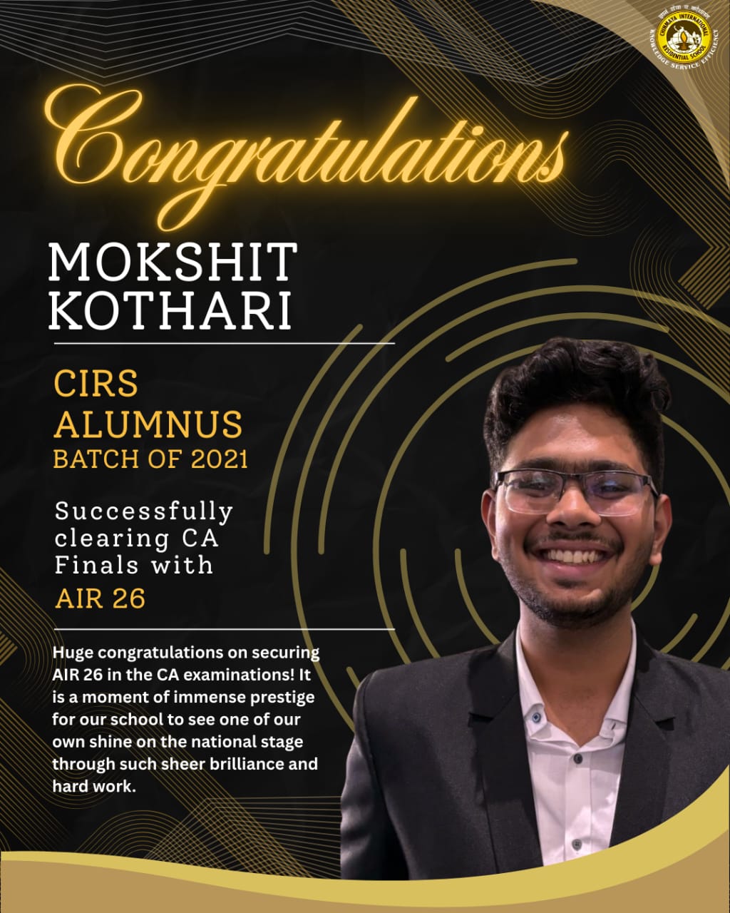 CIRS Alumnus Mokshit Kothari Secures AIR 26 in CA Final Examination